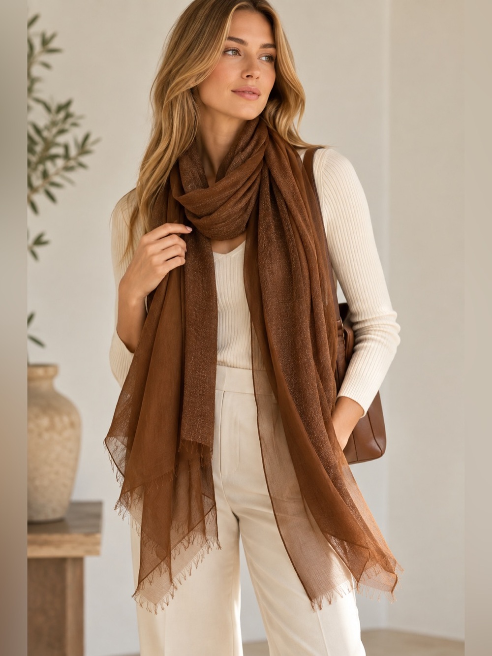 Yargıcı Style Brown Mixed Texture Sheer Lightweight Scarf Wrap